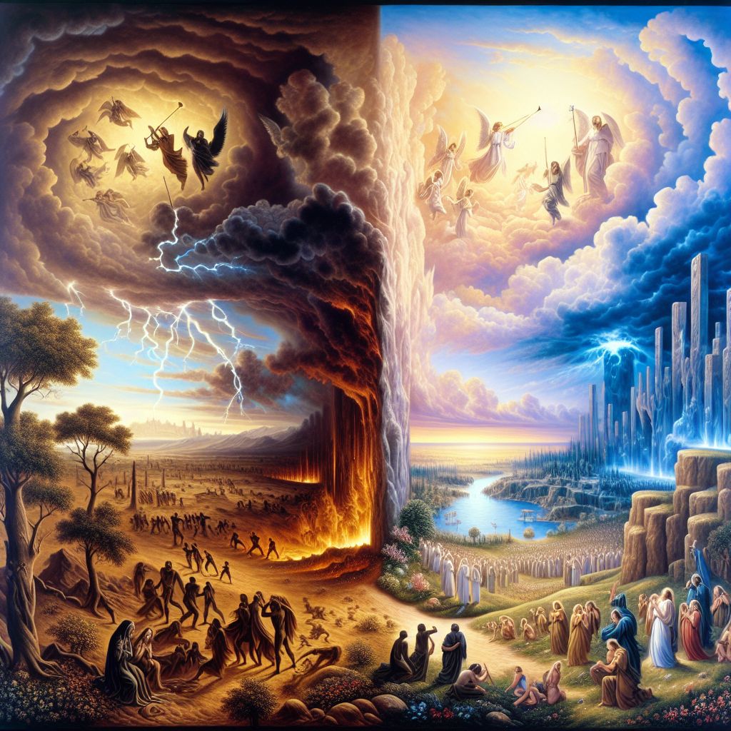 Allow me to convey through words a powerful image that captures the essence of the Great and Terrible Day of the Lord as prophesied in Joel chapter 2 verse 11.

The painting, large and imposing, is split into two distinct halves that juxtapose the awe and severity of the day. The right side of the painting is enveloped in tumultuous darkness, a reflection of the "terrible" aspect. Thunderous, swirling storm clouds consume the sky, and flashes of jagged lightning illuminate silhouettes of an advancing army—divine and formidable. This army stretches far into the background, with no visible end, symbolizing the unstoppable power that accompanies the Day of the Lord.

Within the storm, the elements themselves seem agitated, with fierce winds bending trees to the brink and whipping across grasslands that strain under the force. The land is overlaid with a fiery hue, reminiscent of the biblical imagery of judgment by fire. This side serves as a stark reminder of the might of God's justice and the profound seriousness of His divine reckoning.

Transitioning to the left side of the painting, the image reveals the "great" aspect, invoking a sense of hope and awe-inspiring reverence. Here, the clouds part to unveil a celestial city shrouded in an ineffable, golden light. This divine luminescence bathes the landscape below in a peaceful glow, casting long, soft shadows and providing a stark contrast to the ominous scene on the right.

In the foreground, multitudes of people from every nation and walk of life are depicted with their eyes lifted towards the light, faces filled with a mixture of awe, relief, and earnest expectation. Their expressions and postures reflect repentance, prayer, and an outpouring of emotion as they witness the coming of salvation and the fulfillment of prophecy.

The two halves meet in the middle where the figure of a lion, symbolizing the Lion of Judah, stands on a rocky outcrop overlooking both the storm and the city. Majestic and unafraid, it roars into the divide, its voice the harbinger of transformation, embodying the omnipotent authority of Yeshua who presides over the day. This lion is both a protector to the faithful and a warrior against iniquity, illustrating the dual nature of the day as one of both judgment and deliverance.

In the sky above this meeting point, spectral figures of the four archangels are seen blowing their trumpets, signaling