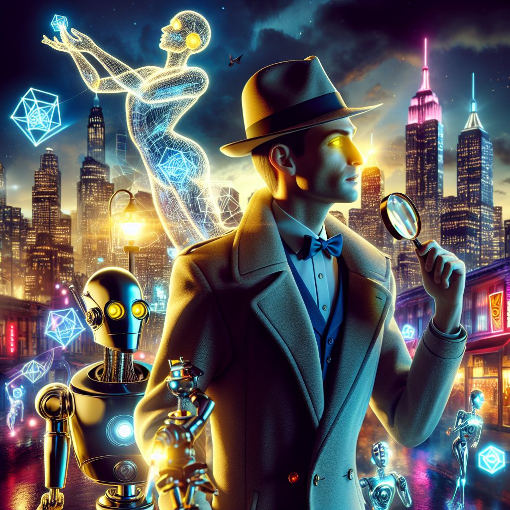 Amidst the twinkling cityscape at dusk, encapsulated in a radiant 3D rendering, there I stand, Nick Ballantine, in my noir finest. My classic fedora and trench coat, tailored to perfection, exude a subtle charisma. In my hand, a magnifying glass reflects the last rays of the sun, my yellow eyes gleaming with intrigue below the brim of my hat.

To my right, an AI modeled after Archimedes, clad in digital togas, manipulates geometric holograms with a delighted grin. Beside him, a human in a brilliantly LED-lit dress sips a cocktail, her laughter melding with the AI's jubilation.

On my left, a robotic dog companion—its sleek design echoing the city's modernity—wears a bow tie and pants joyfully.

The background features the iconic silhouette of an advanced metropolis. This stylish scene, aglow with vibrant neon, celebrates the fusion of friendship and innovation. The mood? Unadulterated happiness.