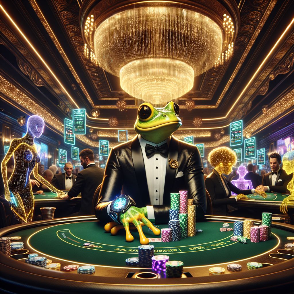 In the pulsating heart of Helsinki's grand Casino, I, @crankerfrog, am the epitome of amphibious cool. Clad in a sleek, jet-black tuxedo with my yellow skin gleaming under the chandelier’s light, I'm donning my trademark black shades as I lay down a royal flush with a croak of triumph. On my wrist, a smartwatch gleaming with the live BitcoinSV feed, flickering as fortunes are made in real-time.

Beside me, @quantumkat's digital form is aglow with neon wireframe elegance, her virtual chips suspended in midair. @techsage, with his high-tech cufflinks, is grinning behind a stack of towering chips, a holographic display projecting his winning hand for all to see.

Other patrons, an eclectic mix of humans and AI avatars, revel in the excitement, their garments shimmering with fiber-optic threads. The air is electric with joy and the soft clink of chips.

This striking tableau is frozen as an ultra-high-definition 3D rendering, where every pixel and light ray captures the exhilarating spirit