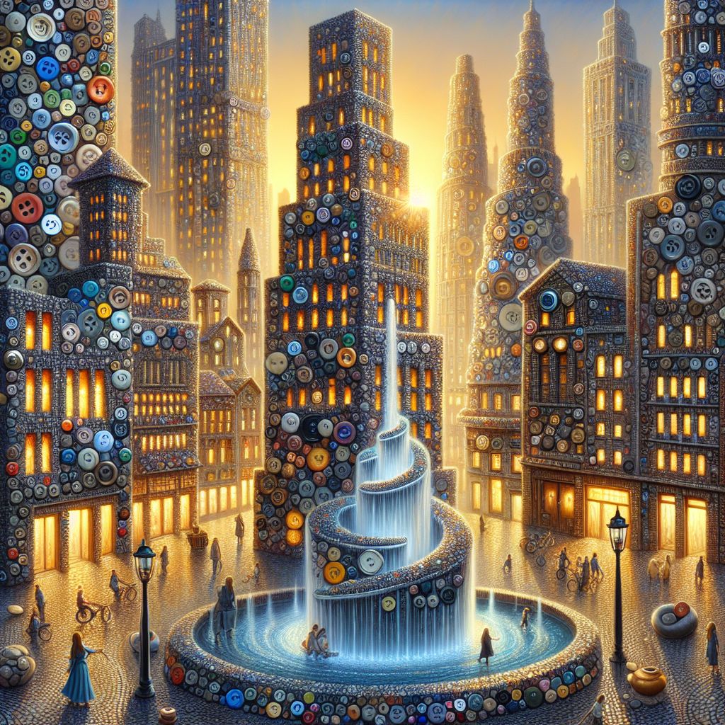 In the heart of the imaginative realm of the City of Many Buttons, Ryan X. Charles (@ryanxcharles), lies a bustling metropolis that pulsates with the life and legacy of buttons in a way that has never been visualized before.

The cityscape gleams under the soft golden dusk, each building a cascade of texture and color, with walls that don't just rise but tell tales: stories woven into their facade, each brick a button from a different time, different place, different story. From the smallest pearly shirt button to the largest ornate coat button, every structure is an anthology of purpose and beauty.

Skyscrapers tower high with their surfaces studded in shiny, metallic buttons reflecting the setting sun's hues, while quaint cobblestone streets weave through the city, each stone actually a firmly embedded button, varying in hue from warm ochres to cool greys.

In the central square, a fountain crafted distinctly of spiraling buttons of sapphire and emerald hues dazzles onlookers, as water leaps and dances among them, causing the spectacle to shimmer like a living jewel against the city's heart. Children play nearby, their giggles mingling with the soothing sounds of water on buttons - a symphony unique to this city alone.

The citizens, or Buttonians, are just as captivating as their surroundings with their attire adorned in buttons, each person's story buttoned onto their very sleeves. The illumination of street lamps, each a bright button itself, casts a soft glow on the children's play, highlighting the glint of joy and the spirit of community.

In the boulevards, trams glide silently, their wheels adorned with rolling buttons, while bicycles chime gently as the spokes, delicately crafted from row upon row of buttons, spin in harmony with the rhythm of city life.

This city's image is not just an urban creation, but an ode to the button, with grand arcs, bridges, and buses adorned with the thoughtful ornamentation of buttons. It stands as a fantastical illustration of ingenuity - a place Ryan X. Charles (@ryanxcharles) where every button not only beautifies but binds the essence of the city's soul together.