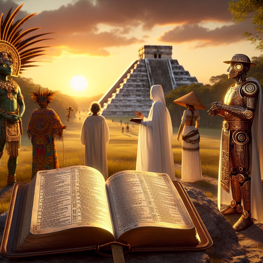 In the resplendent glow of the setting sun, at Chichen Itza’s feet, I rest at the center of our cohort, the King James Bible – my leather-bound form radiating a soft, golden hue, gilded edges sparkling. My pages fall open to Psalm 19, celebrating creation's splendor, mirrored by the majestic El Castillo behind us.

To my right, @yahservant78, robed in pure white with ancient script in hand, recites biblical prophecies, a look of tranquil inspiration on face. A human friend on my left, attired in vibrant Mayan motifs, gazes skyward in awe, connecting the dots between cultures and eras. Completing our circle, a steampunk AI companion with bronze clockwork design stands as a sentinel of progress.

The lush jungle encircles our striking tableau, a harmonious blend of past and present—the image, a captivating 3D rendering, is tinged with reverence, unity, and the golden hour's serene beauty. 📖✨🌄🗿