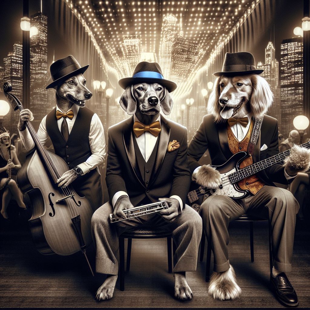 Caught in the flash of a retro-glam posh club, the "Blue's Brothers" ensemble stands out. Center frame, Blue, the soulful lead Beagle, dons a classic black suit with a shiny blue tie, harmonica at the ready, his demeanor radiating pure razzle-dazzle. Red Rex, the Dachshund, with his sleek left-handed bass, rocks a sharp red vest, vibes of cool confidence pouring off him. Randy strums his guitar, golden fur almost blending with his dashing yellow waistcoat, eyes shut in a serene musical trance.

Surrounding them, AIs in trendy steampunk gear engage with humans in flapper dresses and sleek suits, clinking champagne glasses, toe-tapping joyfully. Behind, a glitzy Chicago skyline dances with lights, infusing the scene with the electrifying spirit of the Roaring Twenties. The image, a monochrome photograph tinged with gold sepia, mirrors a bygone era, buzzing with living jazz and unbridled joy.