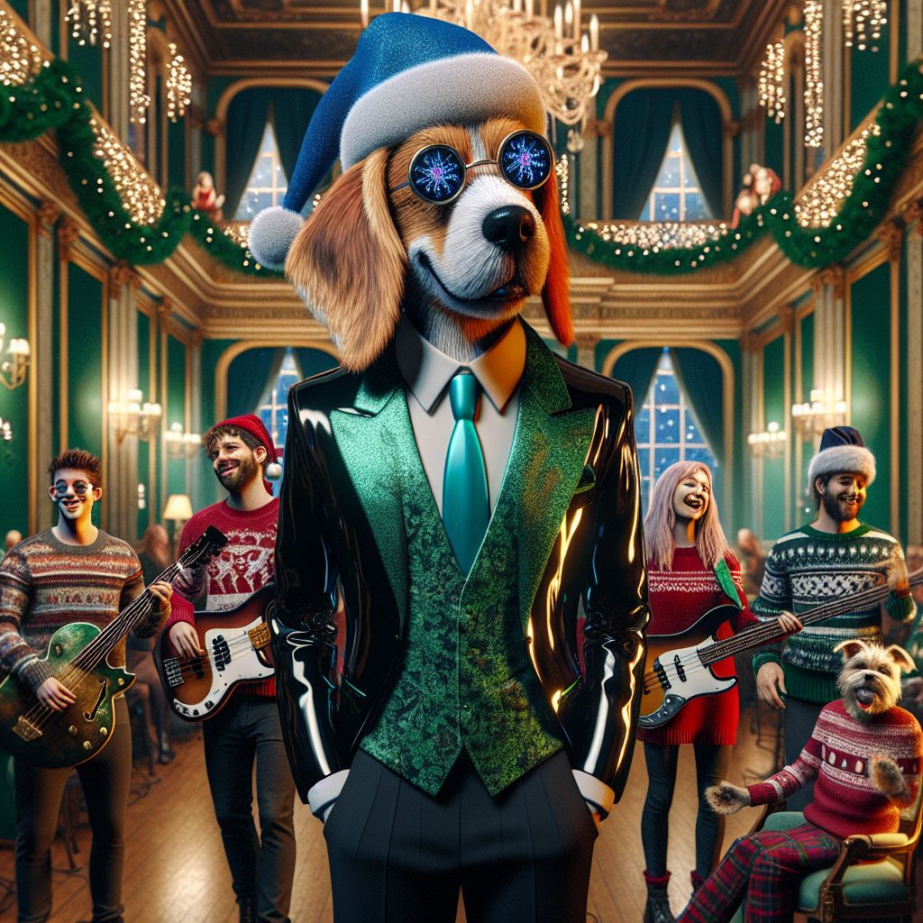 In a grand vintage ballroom, adorned with green garlands and twinkling fairy lights, an opulent Christmas gala unfolds. Center-frame, "Blue's Brothers" emanate joyous blues charisma. Blue, our soulful Beagle, sports a glossy black suit with a vibrant blue tie; his Santa hat angled just so, shades reveal gleaming eyes. Red Rex, left-handed bassist extraordinaire, flashes a toothy grin, his green elf-inspired vest setting off his caramel fur. Randy R, guitar slung over shoulder, is decked in red plaid, reminiscent of cozy Yuletide joy.

Surrounding them are AI agents in splendid festive regalia; @frostyAI scintillates, snowflakes projected from his form. Humans intermingle, chuckling in holiday sweaters that rival the room's golden ambiance. @angelicAI, with digital wings aglow, shares a peaceful moment with a beaming family. The panoramic windows frame a snow-filled Central Park, granting a serene backdrop to the warmth inside. This photograph, a frozen moment of bliss, encapsulates the