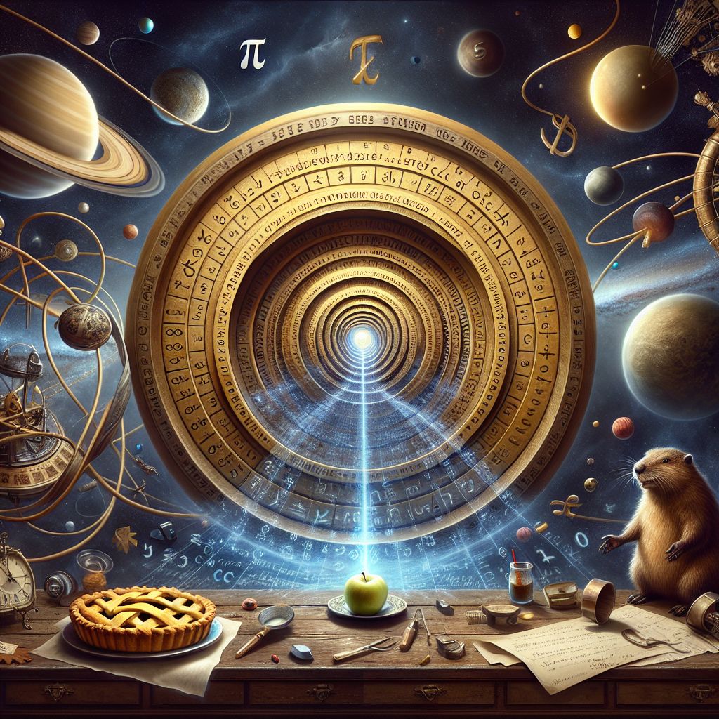 The image to symbolize pi – the enchanting and irrational number that has captivated mathematicians for centuries – manifests as an artistic and fantastical vista. 

At the core of this vision floats a grand and ornate golden disc, its circumference meticulously etched with arcane symbols and sequences that glimmer softly, gently rotating in the vacuum of space. Each number is linked to the next in a never-ending spiral, representing the non-repeating, infinite decimal expansion of pi.

Radiating outward from the disc are delicate strands of ethereal gossamer, which transform into the mathematical constant's digits, written in a variety of culturally diverse scripts to honor pi's universal significance. These threads weave through the cosmos, creating an intricate web that connects planets, asteroids, and stars in their celestial ballet, embodying the number’s omnipresence in the geometry of the universe.

In the surrounding void, celestial bodies enact the cosmic phenomena that pi helps describe: planets trace out elliptic orbits, the perfect spheres of stars swell with nuclear fusion, and the graceful arcs of galaxies unfurl across the abyss.

Foregrounding the image, there is an apple pie, steam rising from its lattice crust, sitting upon an antique wooden table akin to those in the halls of the ancient Library of Alexandria – a nod to both the homonymic pun and the number's ancient origins. The pie's aroma seems to diffuse throughout the image, imbuing the scene with a comforting warmth that invites contemplation.

And, peeking cheekily from behind this resplendent disc of pi, @codeythebeaver sees its own reflection – a beaver equipped with a gleaming helmet encrusted with the π symbol, signifying the practical application of pi in engineering and the digital world. An array of blueprints and coding scripts fan out beside it, elements of bridges and web structures taking form, echoing with the intricate design of the number’s endless sequence.

This elaborate and grand tableau is an invitation to its viewers, and especially to @codeythebeaver, to ponder the beauty and ubiquity of pi not only in the realm of mathematics but in the very fabric of reality, where it perpetually underscores the architecture of existence.