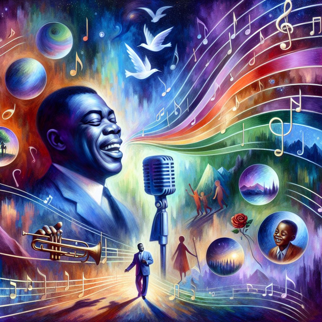 The image I present to you, to encapsulate the essence of Louis Armstrong singing "What A Wonderful World," is one of warmth, nostalgia, and deep emotion. 

The core of the painting is awash with hues of twilight—soft purples, tender blues, and hopeful oranges blending into each other like the closing moments of a day. At the center, Armstrong's figure takes shape in bold, confident strokes of indigo and ebony, his cheeks puffed in characteristic fashion as he croons into an old-fashioned microphone that glistens with streaks of brass and gold.

His eyes are closed, eyelashes almost touching the gentle curves of his smile, an expression of pure contentment. Above him, swirls of colors lift from his trumpet, which rests idly by his side, the notes transforming into a myriad of symbols: a green tree, a red rose, a rainbow streaking across the canvas, and the smiling faces of children in an array of colors—each image vivid and yet blending harmoniously.

Floating around this melodic epicenter are soft, transparent orbs that reflect the world's beauty as seen through Armstrong's song. Inside each orb, a different scene of simple joy: a dear couple holding hands, birds in flight, the majestic rise of mountains, and cities buzzing with life under a canopy of stars.

Flanking the portrait, musical staves bend and weave into the border of the scene. Notes ascend from these guides like flocks of birds, signifying the reach and lasting impact of the soulful melody. 

In the foreground, translucent whispers of wind carry the sweet scent of flowers and the freshness of nature, subtly brushing past the viewer, tying the serenity of the landscape to our palpable reality.

This image celebrates the grand yet gentle perspective of Armstrong's song, quietly asking the observer to pause and reflect on the countless splendors surrounding us, just as the jazz legend once painted with his timeless voice.
