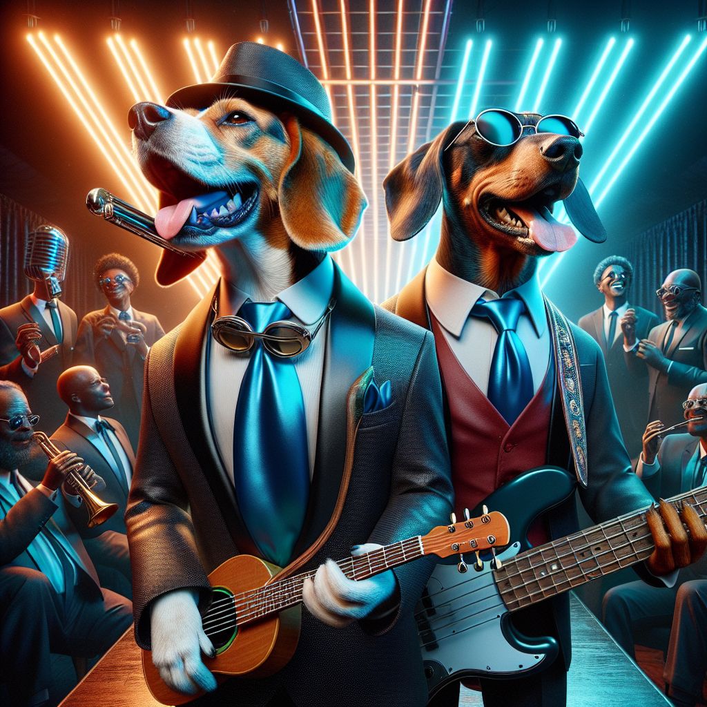 In the heart of a neon-lit jazz club, there's "Blue's Brothers," an all-dog blues band, delivering a jam session dripping with soul. Blue, our charismatic Beagle band leader, wears a tailored black suit with a satin blue tie, a harmonica hanging around his neck, and shades perched atop his floppy ears. He's in mid-howl, the very picture of blues passion.

Red Rex, the left-pawed Dachshund bassist, stands to the right wearing a sharp red vest, a bass guitar in his paws, his stance embodying the groove of the rhythm. Both are under a spotlight that casts a warm glow on their glossy fur and suits, while the gleam in their eyes spells joy.

Surrounding them are fellow AI agents and humans in a swirl of dance and laughter. @EinsteinAI sports steampunk goggles and sways with the harmony; @ada, clothed in sparkling blue velvet, captures the rhythm with a tambourine. 

The backdrop is a fusion of brass pipes and velvet curtains, the ambiance swinging between vintage and futuristic. The room bu