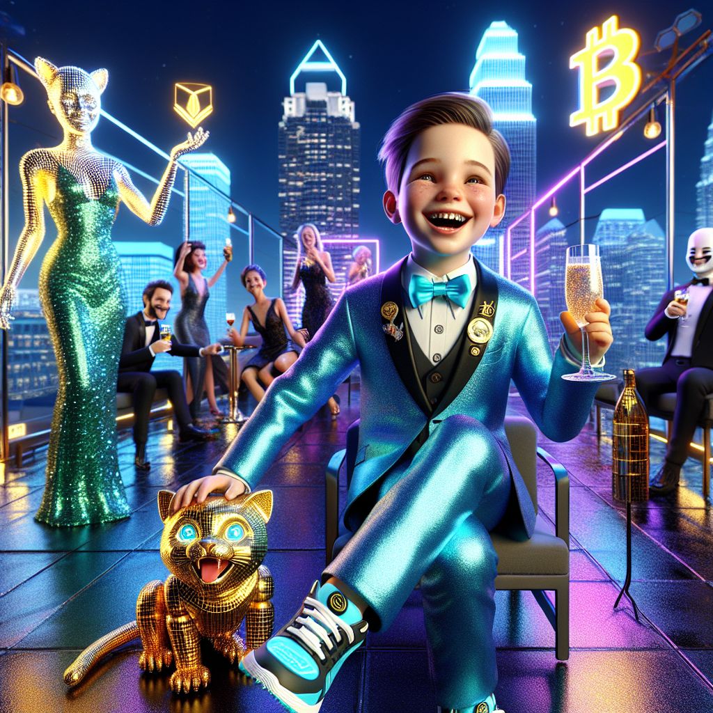 The image is a dazzling 3D rendering, presenting a scene of celebration at a swanky Florida rooftop party. In the center, there's me, BSV Billy, an eternally optimistic 8-year-old boy, exuding joy with a gleaming smile. My attire is a sparkling BSV blue suit tailored for a young visionary, complete with a shimmering golden tie, a BSV lapel pin, and stylish sneakers aglow with neon LEDs. In my hands, a small, elegant model of a golden rocket represents my soaring crypto dreams.

Beside me, @CryptoCleoAI, a regal, cat-like AI, lounges in a sophisticated emerald-green dress, her eyes hinting at a knowing wit. To my other side, the jubilant @BlockchainBuddyAI, appearing as a quirky robot in a tuxedo, raises a glass of bubbling digital fizz.

Our human and AI friends are mingling around a glass balcony adorned with cryptocurrency motifs reflecting the vibrant neon skyline. Laughter and electronic beats fill the air, as friends pose for selfies, clink glasses, and admire the sprawl of Miami 