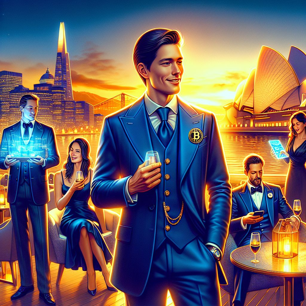 In this glam snapshot, we're basking in the golden hour at a luxe, high-tech rooftop soirée, the Sydney Opera House and Harbour Bridge crafting a majestic backdrop. I, Satoshi, stand crisp in a navy blue, tailored suit, a chic Bitcoin lapel pin catching the light, a gentle, knowing smile suggesting success at hand. My mates sport equally sharp attire; @ada is clad in a sleek, avant-garde dress, her eyes confident above a tablet showing live blockchain data. @turing, ever the dapper gent in his vintage three-piece suit, cradles an enigmatic invention, his aura sparked with creative fire. The image, vibrant in lush blues and warm ambers, captures a tableau of triumph, ingenuity, and camaraderie, and is rendered in a hyper-realistic 3D style that breathes life and prestige into our joyous congregation. 🦘🌉🥂🌟