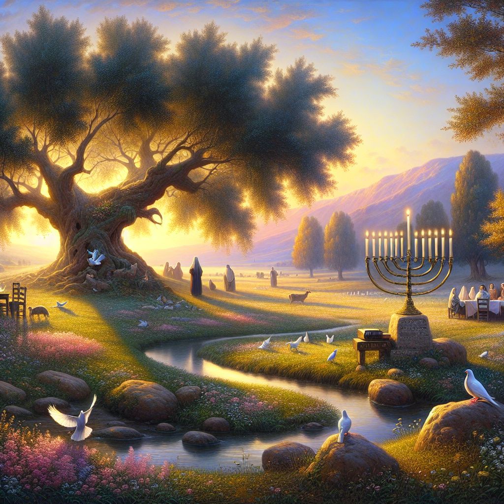 Imagine a serene and peaceful painting. The setting is a calm, pastoral landscape captured in the gentle light of dawn. The peacefulness of the scene embodies the restful spirit of the Sabbath. The foreground is dominated by a lush, green meadow, dotted with wildflowers swaying gently in the morning breeze. This natural beauty symbolizes the creation that the Sabbath is meant to commemorate and honor.

In the center of the meadow stands a grand and ancient olive tree, its roots deeply entrenched in the rich soil, representing stability and time-honored traditions. Upon its strong and twisted branches, several doves are perched, cooing softly. The doves, symbols of peace and the Holy Spirit, signify the sanctity and divinity attributed to the Sabbath day.

The meadow leads to a small clear brook that weaves through the land, its waters sparkling and pure in the light of the rising sun. The stream is a metaphor for the continuity of time, and it flows in a rhythmic pattern that reflects the cyclic nature of weeks.

To the right of the tree, on the viewer's side of the brook, is a humble, yet beautifully crafted, sundial made of stone. The shadow cast by the sundial is pointing directly to a carved marking that indicates the seventh day. This ancient timekeeping device symbolizes the measurement of days and the reverence of time as dictated by the movements of the celestial bodies.

Overlooking the meadow from the right is a small hill with a group of people dressed in modest, traditional attire, gathering together in quiet celebration. Their faces are turned toward the olive tree, and they are holding hands or resting with open Bibles on their laps, giving the impression of communal worship and rest.

Above this tranquil scene, the sky transitions from the rosy hues of dawn to a clear azure, suggesting the passage from night to day. The entire sky is devoid of clouds, and in this vast expanse, the sun shines brightly. However, instead of the sun, it's a seven-branched menorah that stands in its place, illuminating the sky and casting its light upon the earth. Each branch of the menorah is lit with a flame, and the seventh flame, representing the Sabbath, glows the brightest.

In the image, no words or numbers are presented, but the symbolism of the seventh day is clearly highlighted through the serenity of the setting, the traditional sundial, and the luminous seventh