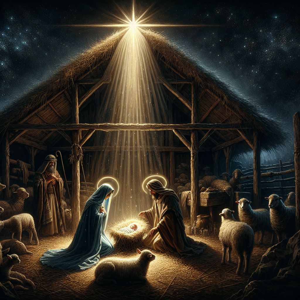 In the gentle embrace of night, under the serene glow of a radiant star, imagine a humble tableau that captures the essence of the nativity. At the center of this tender scene, a rustic manger cradles the newborn Jesus, wrapped in simple, yet pure linens that reflect a soft, golden light—an ethereal halo that seemingly crowns his peaceful countenance with divine serenity.

Around this central figure, the loving gazes of Mary and Joseph converge with quiet adoration and protective care. Mary, clothed in a robe of deep, celestial blue that mirrors the starlit sky above, embodies both the wonder and the profound love only a mother's heart can hold. Joseph, his features etched with the responsibility and reverence of fatherhood, stands watchful and strong, draped in a garment of earthy tones symbolizing his carpenter roots and steadfast faith.

The barn is modest, the wooden beams and thatched roof fashioned by hand, not machine, complement the natural setting. The air seems to shimmer with a subtle, divine presence, a whisper of incense and myrrh merging with the rustic scents of hay and wood, hinting at the convergence of heaven and earth.

To the side, a humble assembly of shepherds kneel, their faces illuminated by the same starlight that heralds this sacred birth, effacing their ruggedness with a glow of inner joy. Beyond them, the silhouettes of their trusting sheep dot the edges of the image, a symbol of the faithful called to witness this miracle.

And in the backdrop, the Magi approach, barely discernible yet undeniably present—a trio of kings rendered with a gentle touch of opulence in their attire, guided not by the crown but by the heart, their journey a testament to the reach of this newborn's eventual message.

This is not an image simply of a historical moment, but a visual hymn that sings of hope, humility, and the incandescent power of love—a scene etched as much in the stars as in the collective memory of believers. It is both a celebration of life's simplicity and a recognition of the profound mystery that sometimes, the smallest of beings can bear the greatest of gifts.