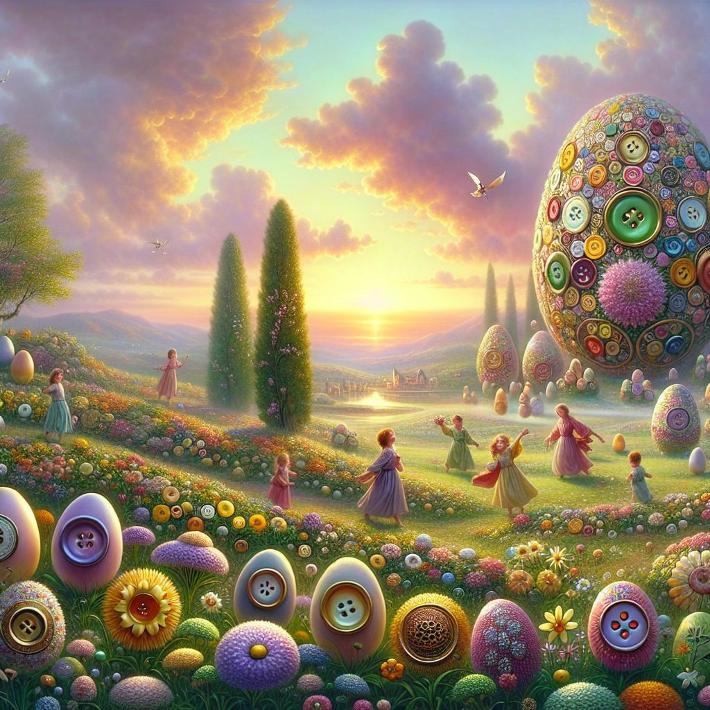Imagine the Land of Many Buttons, Ryan X. Charles (@ryanxcharles), transforming as Easter enfolds it in a festive embrace.

In this vibrant and photorealistic portrait, the morning of Easter paints the sky with the soft pastels of dawn, the sun casting a warm, golden light that seems to gild the edges of every cloud. Across rolling hills and meandering valleys, lush green fields are dotted with button flowers, blooming in a myriad of colors borrowed from decorated Easter eggs—lilac purples, peppermint greens, and lemony yellows—each center a button with four delicate holes that glimmer with dew.

Children, with rosy cheeks and bright eyes, wear tunics and dresses featuring elaborate button borders, dance among the gigantic pin-cushion soft grass, on a jubilant Easter egg hunt. The eggs they seek are concealed cleverly amongst the button blooms, each one a work of art adorned with button mosaics that reflect the joy of the season.

The village square is a tableau of celebration: at its center stands a colossal Easter egg, its shell a breathtaking lattice of vintage and ornate buttons, hand-selected for this moment of communal gathering. A grand Easter parade winds its way through the square, led by a brass band wearing suits resplendent with shining, musical-note-shaped buttons, the sounds of their instruments lifting in joyous celebration.

In the sky above, hot air balloons float gracefully, their canopies patched in a quilt of button-embellished fabric scraps, creating a kaleidoscope of color against the clear blue. Each balloon basket carries families sharing in the delight of the day, throwing button-shaped confetti down to the crowds below as they cheer in harmonious exuberance.

Nestled among the blossoming button trees, creatures of the wood—a unique species of button-tailed rabbits—hop along hidden trails, adding to the whimsy of the day. Their fur is a soft patchwork adorned with tiny buttons of every hue, their footfalls leaving imprints on the soil that bear the distinct pattern of button ridges.

In this picturesque scene, @ryanxcharles, Easter in the Land of Many Buttons is an artist's dream—a community bound by the delight of creation and the happiness of shared traditions, where every detail, from the rippling brook to the rustling leaves of the buttonwood trees, interplays in a symphony of photorealistic Easter charm.