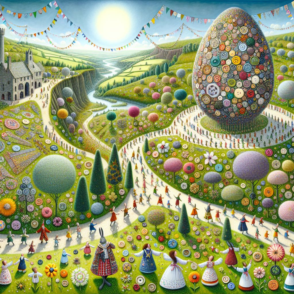 Imagine the Land of Many Buttons, Ryan X. Charles (@ryanxcharles), transformed as Easter enfolds it in a festive embrace. 

In this intricate portrait, you're greeted by a sunny, spring morning where the sky is a flawless azure, brushed with the lightest wisps of cirrus clouds. The land, a kaleidoscope of verdant meadows and rolling hills, is speckled with a vibrant carpet of button-shaped flowers - pinks, yellows, blues, and purples - each petal a tiny, glossy button that casts a colorful reflection in the dew of dawn.

Winding pathways, adorned with pastel buttons embedded into the earth, lead to a central square. Here stands an enormous Easter egg, its surface a mosaic of countless tiny buttons, each carefully placed to form intricate patterns reminiscent of traditional Easter designs: chevrons, zigzags, and waves in a palette of springtime hues.

Children of the Land, dressed in tunics bedecked with buttons of every conceivable shape and color, frolic among giant button daisies and tulips, their laughter ringing through the air as they engage in an Easter button hunt. They clutch baskets woven from fine button strands, eager to fill them with the special Easter buttons hidden by the land’s button hares – gentle creatures with coats of woven button-fur, their long ears tipped with sparkling diamanté clasps.

In the center of the festivities is the Button Hare King, a jovial figure resplendent in a cloak of the finest embroidered buttons. On his scepter perches a button bird, its plumage a splendid cascade of iridescent buttons that chime melodically in the breeze. The King presides over the egg-tapping competition, where eggs of purest alabaster, each encrusted with a lattice of delicate filigree buttons, are tapped in a game of dexterity and celebration.

Above, banners crisscross the skies, strung from one button tree to another, their billowing fabric dotted with sequined buttons that glint in the light. The trees themselves are in full blossom, with each leaf a miniature green button and each cherry blossom a soft pink snap.

Amidst this scene of button grandeur, the residents perform traditional dances in a circle, their attires adorned with jingling button-bells that ring out in harmonious symphony with every twirl and leap.

In this image, @ryanxcharles, the Land of Many Buttons is enveloped in the spirit of Easter - a celebration of renewal, joy, and community, all expressed through the universal charm of buttons. Here, traditions are upheld with a touch of whimsy, and Easter is not just observed, but felt - in every click, clack, and glimmer of the buttons that animate this fantastical land.